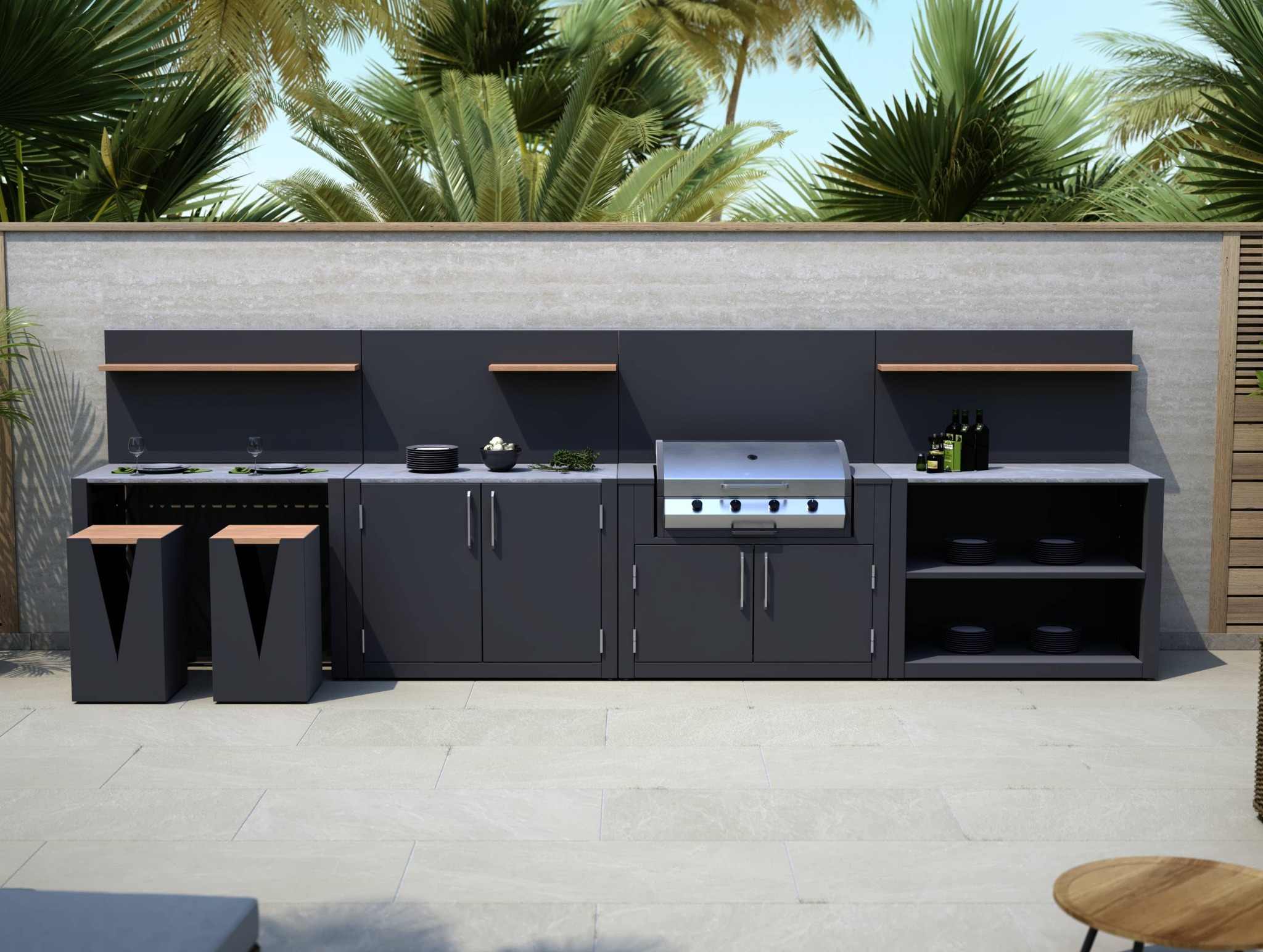 Four piece outdoor kitchen with BBQ cabinet, bar seating and open shelving.