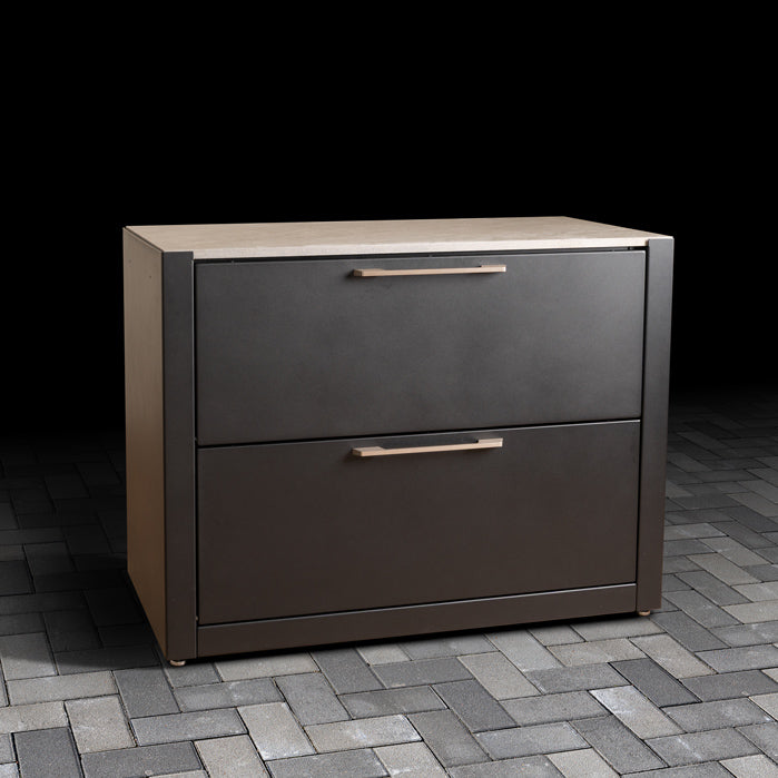 Luxury Outdoor Cabinet with pull-down doors, stainless steel handles, ceramic tile worktop and soft-close action.