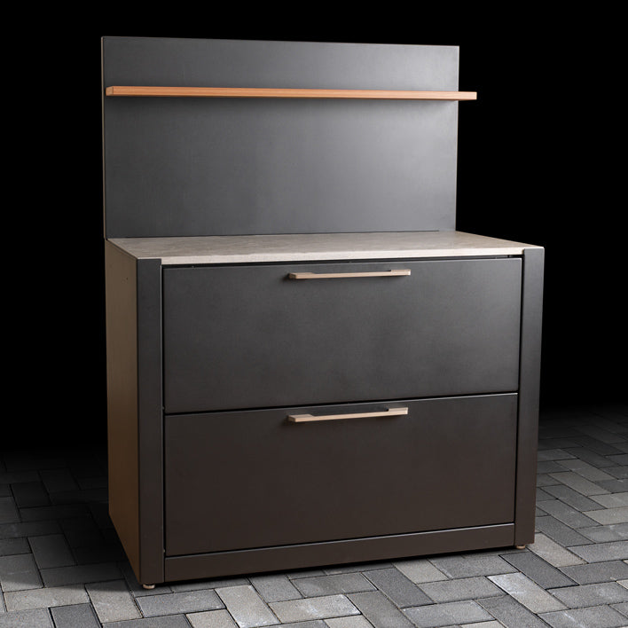 Luxury Outdoor Cabinet with pull-down doors, stainless steel handles, ceramic tile worktop, back panel and wood effect composite shelf.