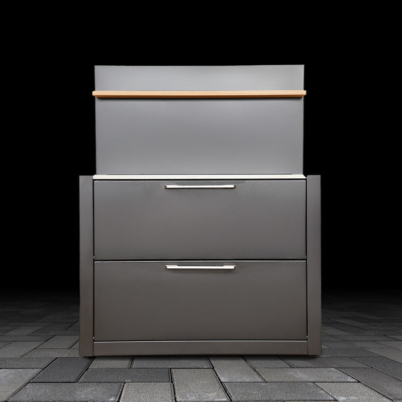 Black outdoor cabinet with wood-effect shelf on a dark background