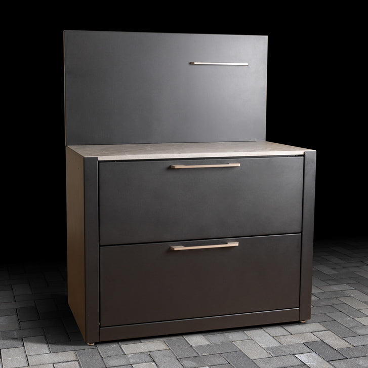 Luxury Outdoor Cabinet with pull-down doors, stainless steel handles, ceramic tile worktop, back panel and stainless steel hanger.