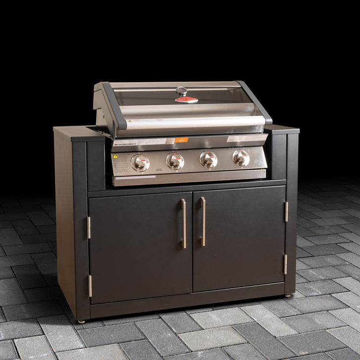 Outdoor BBQ unit cabinet with stainless steel grill space and double doors.