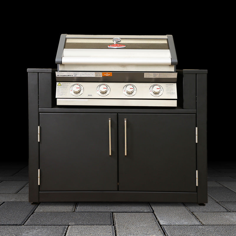 Barbecue grill with storage cabinets on a black background