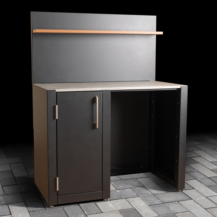 Outdoor Fridge Cabinet with stainless steel handle, ceramic tile worktop, back panel, wood effect composite shelf and soft-close doors.