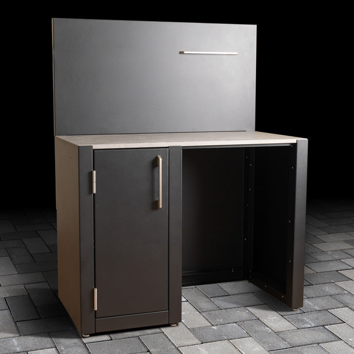 Outdoor Fridge Cabinet with stainless steel door handle, ceramic tile worktop, back panel and stainless-steel hanger.