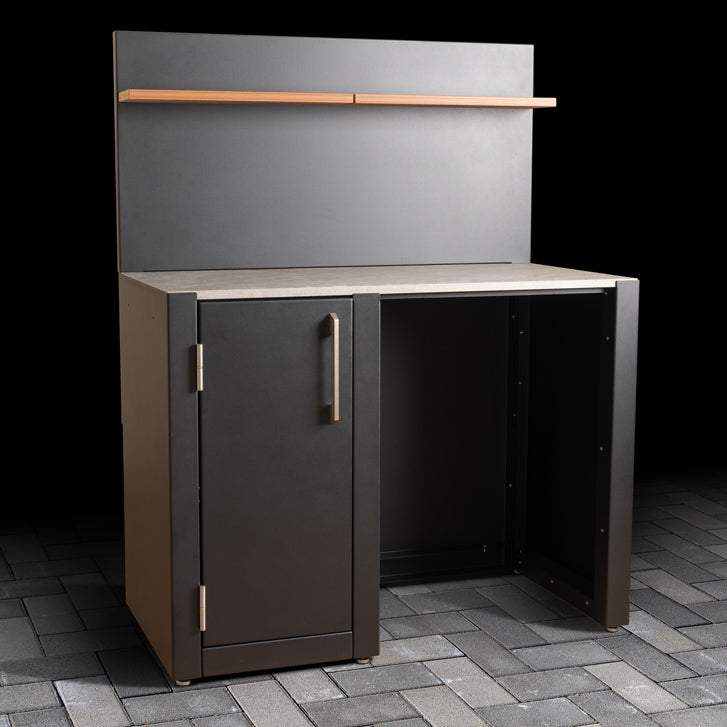 Outdoor Fridge Cabinet with stainless steel handle, ceramic tile worktop, back panel and wood effect composite shelves.