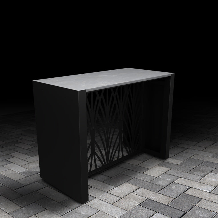 Outdoor kitchen dining table with ceramic tile tabletop finish, bold geometric design, and premium finishes.