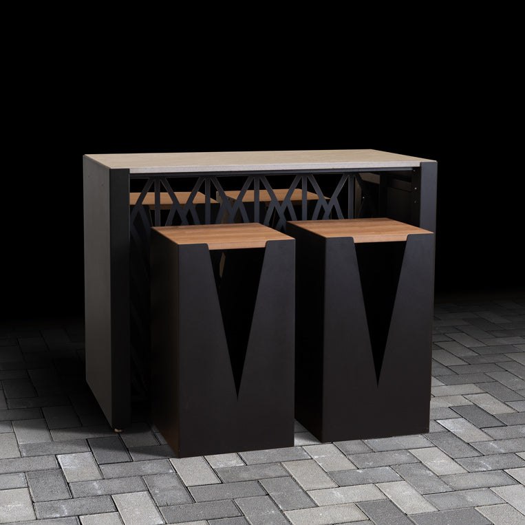 Outdoor Kitchen Dining Table with bold geometric design and four matching stools.