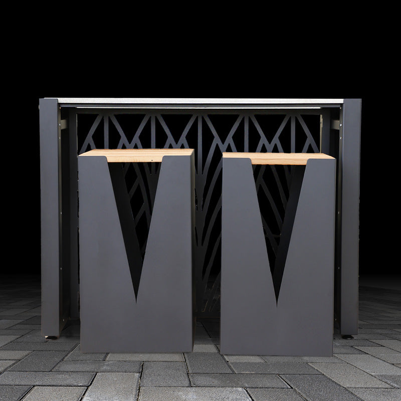Outdoor Kitchen Dining Table with bold geometric design and two matching stools.