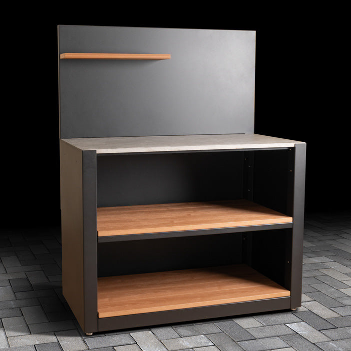 Outdoor Open Shelving Unit with Composite Wood-Effect finish, ceramic tile worktop, back panel and 600mm shelf.