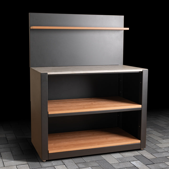Outdoor Open Shelving Unit with Composite Wood-Effect finish, ceramic tile worktop, back panel and shelf.
