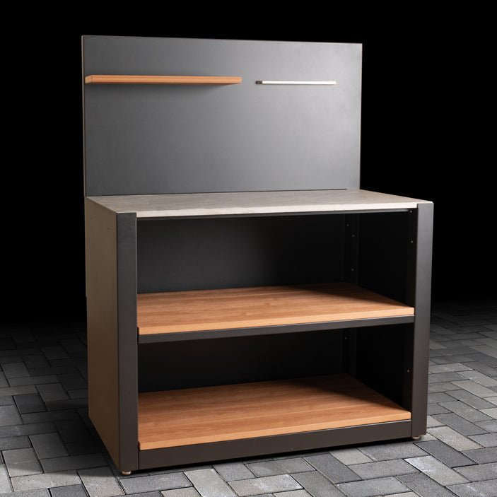 Outdoor Open Shelving Unit with Composite Wood-Effect finish, ceramic tile worktop, back panel, shelf and stainless steel hanger.
