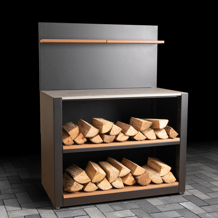 Outdoor Open Shelving Unit with Composite Wood-Effect finish, stacked logs, ceramic tile worktop, back panel and shelves.