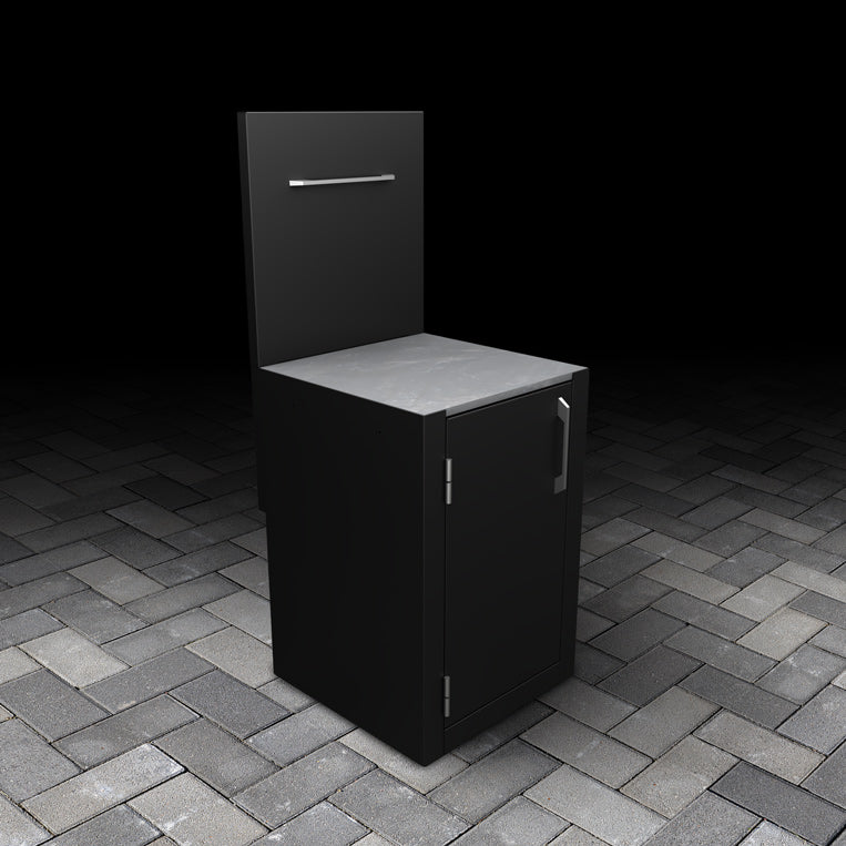 Outdoor Single Door Cabinet with a stainless steel handle, back panel and stainless steel hanger.