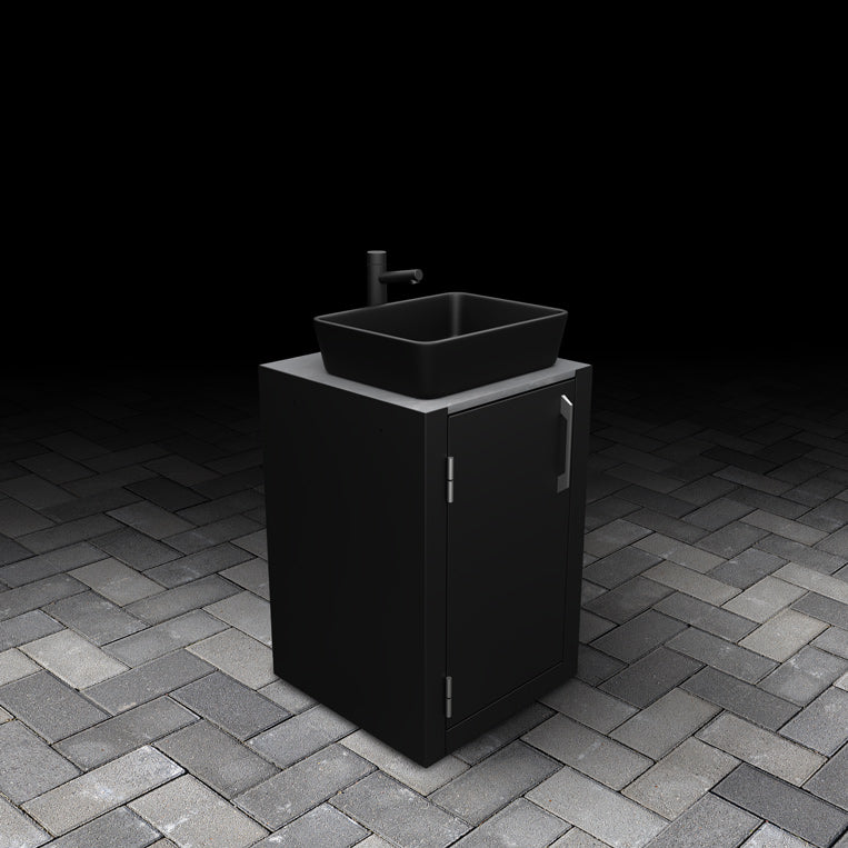 Outdoor Single-Door Sink Unit with matte black basin, stainless steel handle, mixer tap, and drainer components for modular outdoor kitchens.