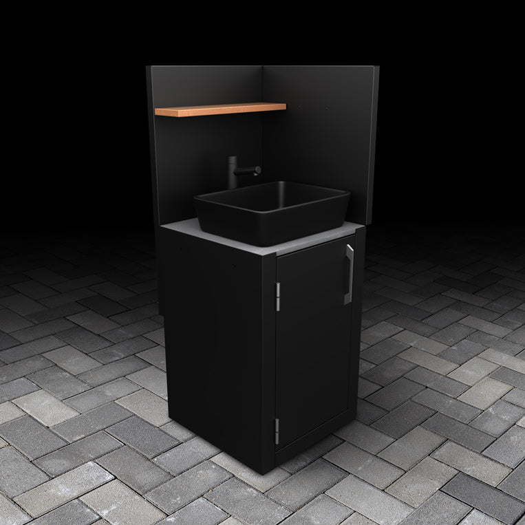 Outdoor Single-Door Sink Unit with matte black basin, stainless steel handle, mixer tap, drainer components, back and corner panel and wood effect shelf.