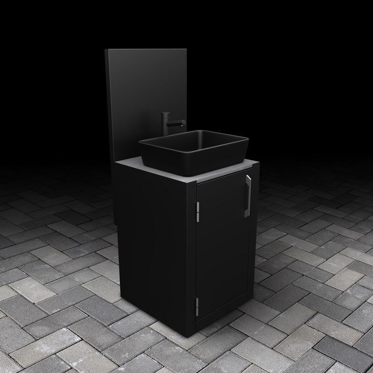Outdoor Single-Door Sink Unit with matte black basin, stainless steel handle, mixer tap, drainer components and back panel.