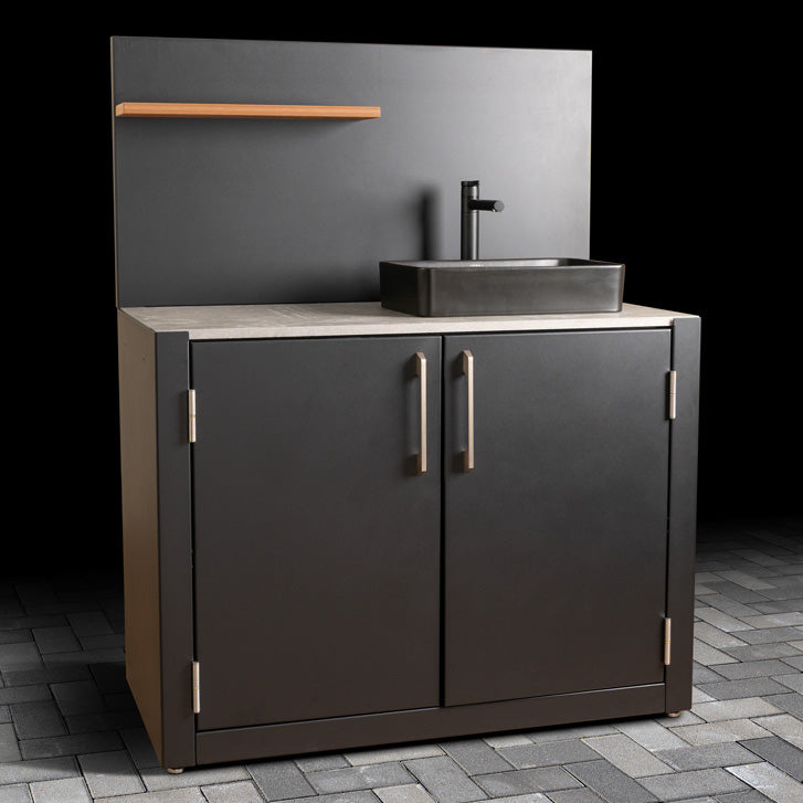 Outdoor Sink Unit with Dual-Doors, matte black basin, stainless steel handles, ceramic tile worktop, back panel and 600mm shelf.