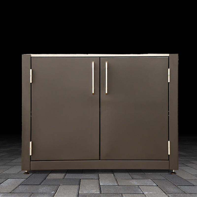 Black outdoor storage cabinet with two doors on a dark background