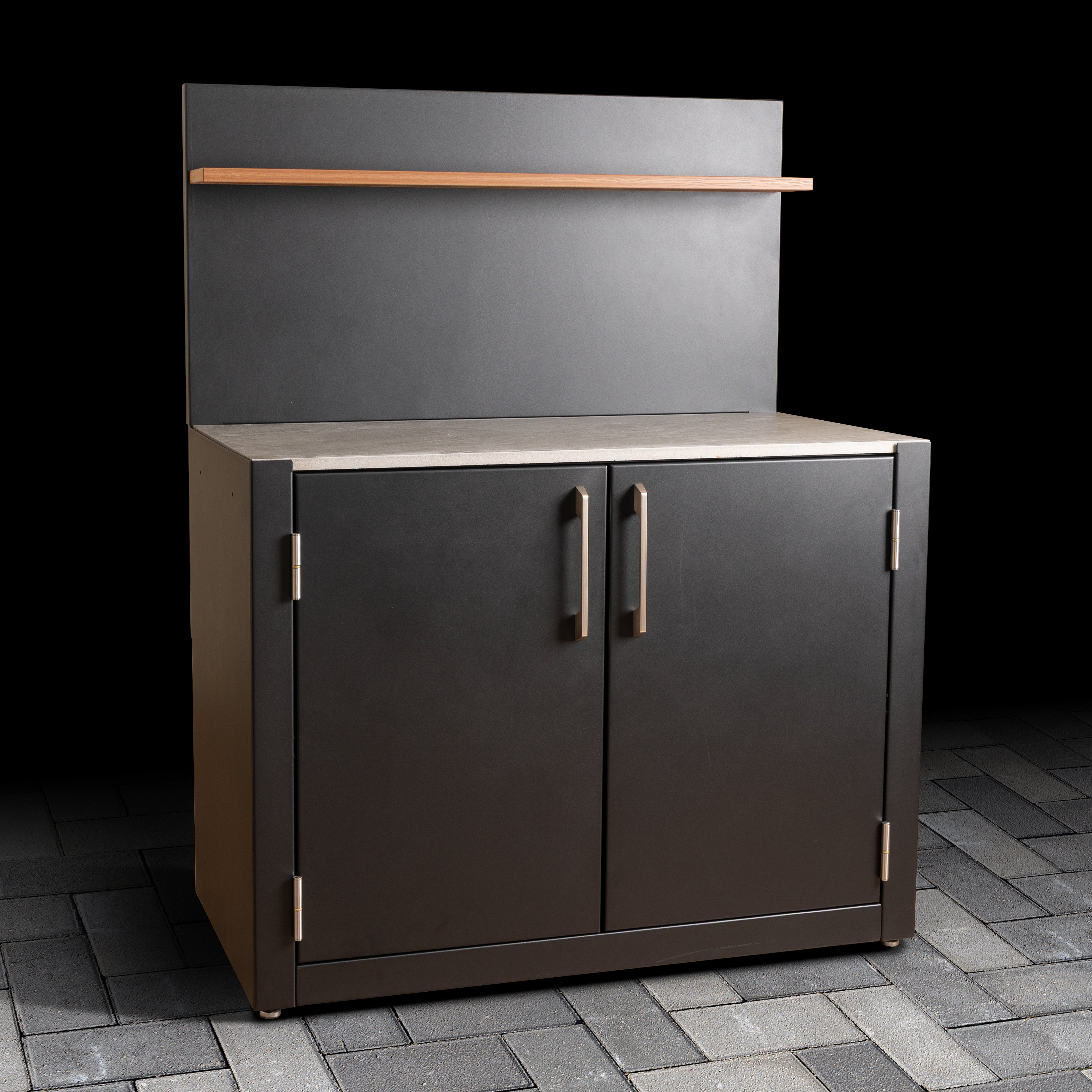 Standard Outdoor Cabinet with dual-doors, stainless steel handles, ceramic tile worktop, back panel and composite wood effect shelf.