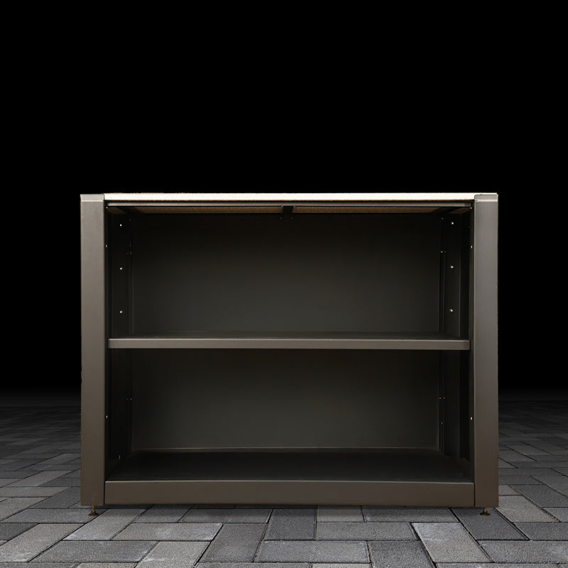standard outdoor open shelving unit on a dark pavement background