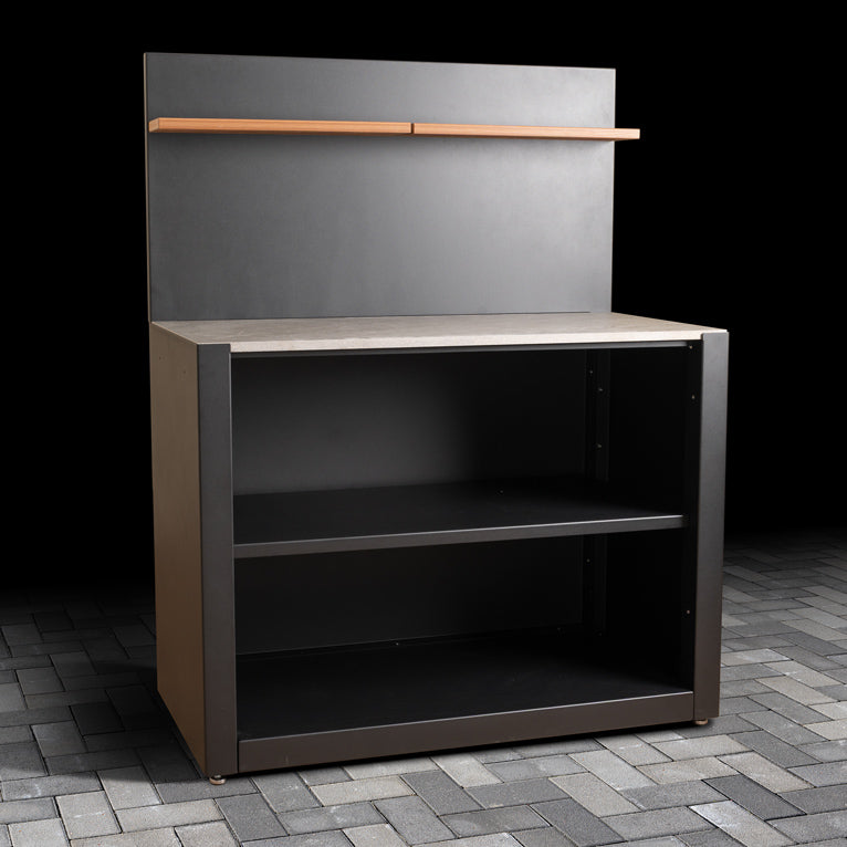Standard Outdoor Open Shelving Unit with ceramic tile worktop finish, back panel and composite wood effect shelves.