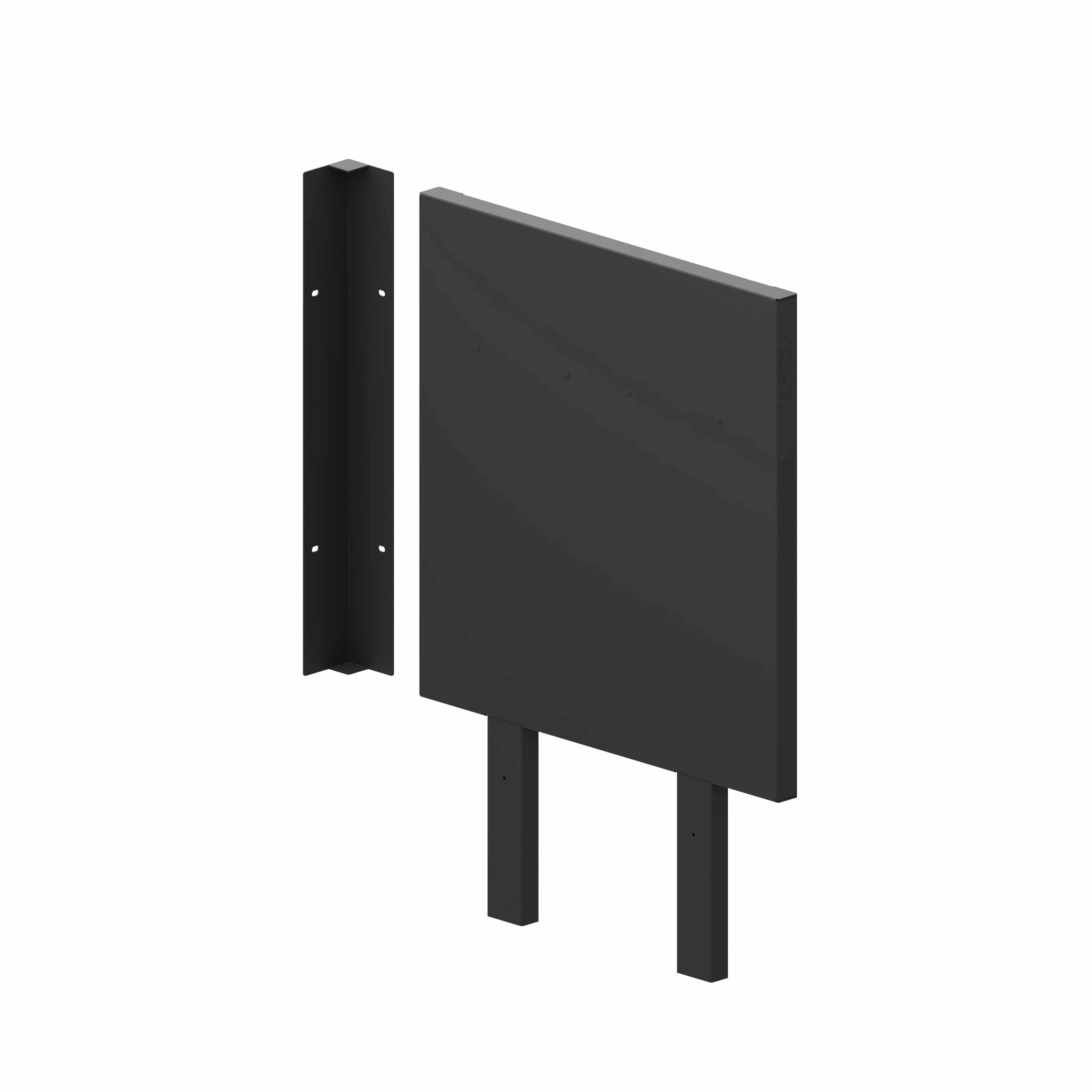 Black back panel and metal bracket on a white background
