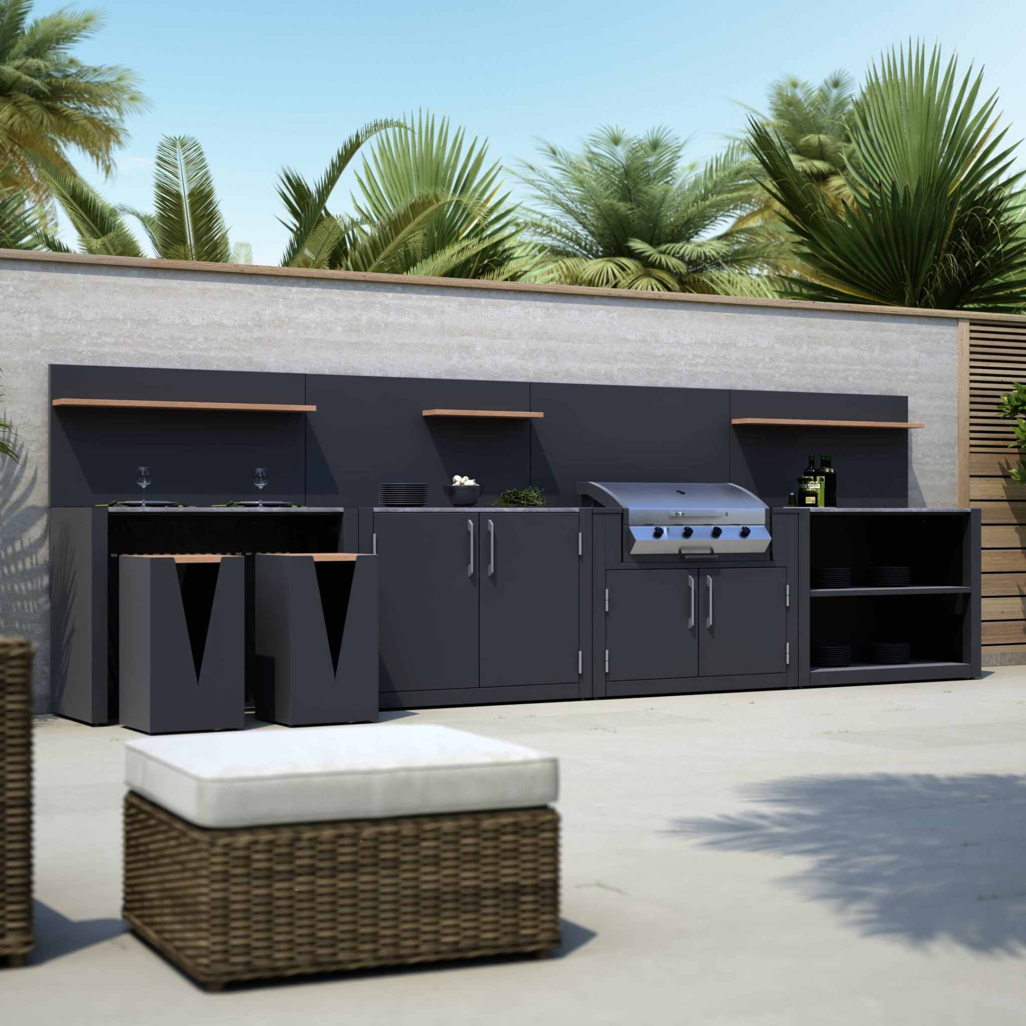 Four piece outdoor kitchen with BBQ cabinet, storage units and bar dining stools.