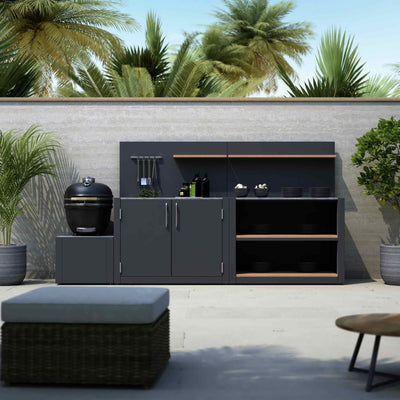 Kamado grill outdoor kitchen with storage cabinet and open shelving