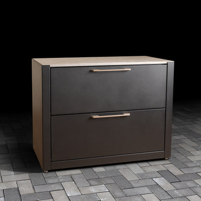 Luxury Outdoor Cabinet with pull-down doors, stainless steel handles, ceramic tile worktop and soft-close action. 