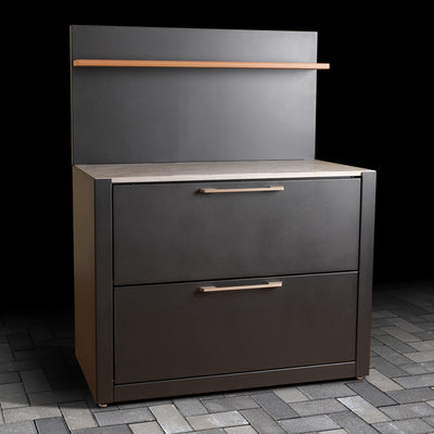 Luxury Outdoor Cabinet with pull-down doors, stainless steel handles, ceramic tile worktop, back panel and wood effect composite shelf. 
