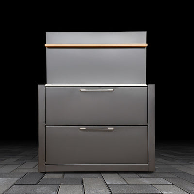 Black outdoor cabinet with wood-effect shelf on a dark background