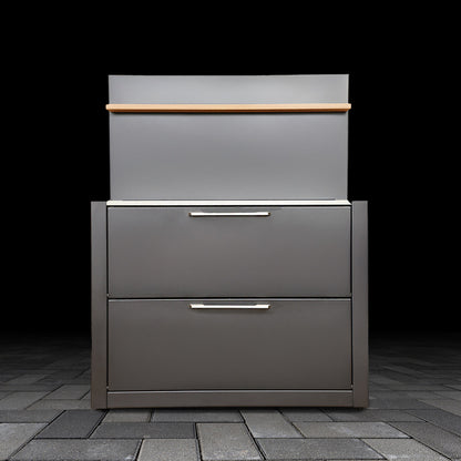 Black outdoor cabinet with wood-effect shelf on a dark background
