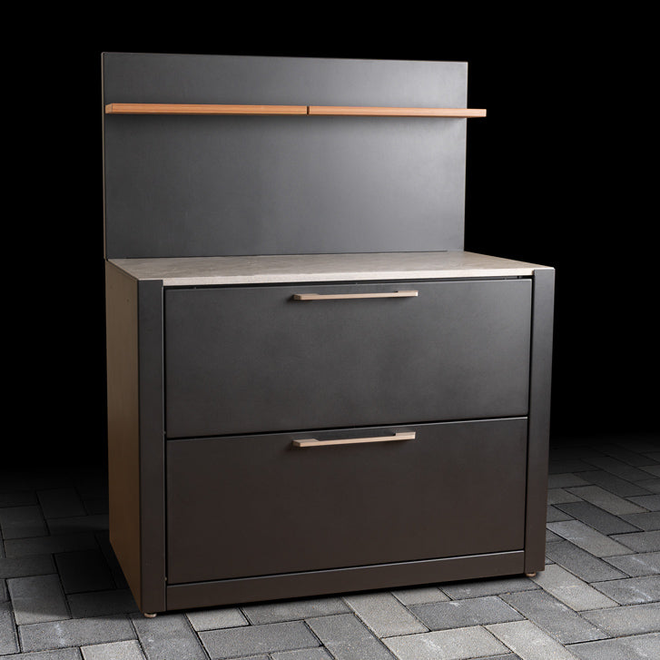 Luxury Outdoor Cabinet with pull-down doors, stainless steel handles, ceramic tile worktop, back panel and wood effect composite shelves. 