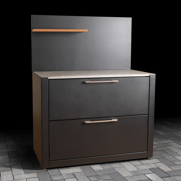 Luxury Outdoor Cabinet with pull-down doors, stainless steel handles, ceramic tile worktop, back panel and 600mm shelf. 