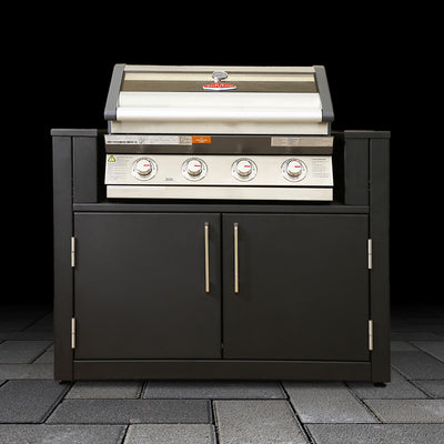 Barbecue grill with storage cabinets on a black background