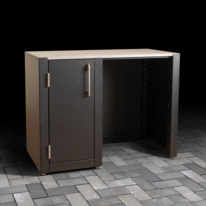 Outdoor Fridge Cabinet with stainless steel handle, modular design, ceramic tile worktop finish, and soft-close doors.
