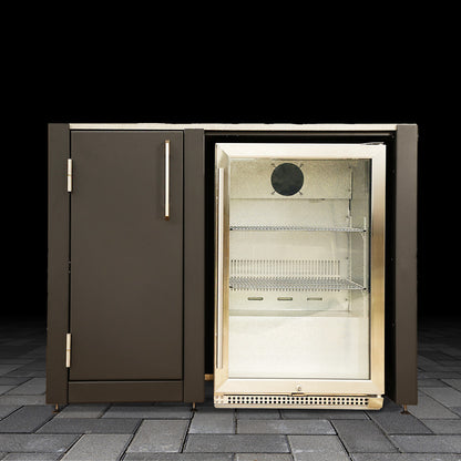 Outdoor refrigerator with glass door on a stone patio