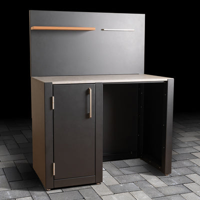 Outdoor Fridge Cabinet with stainless steel handle, ceramic tile worktop, back panel, wood effect composite shelf and stainless steel hanger. 