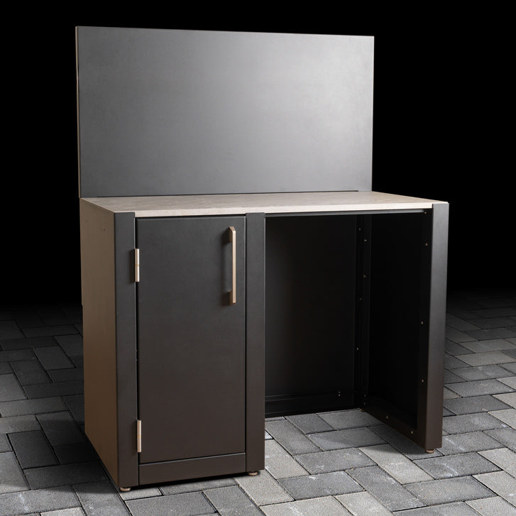 Outdoor Fridge Cabinet with stainless steel handle, ceramic tile worktop and black back panel.