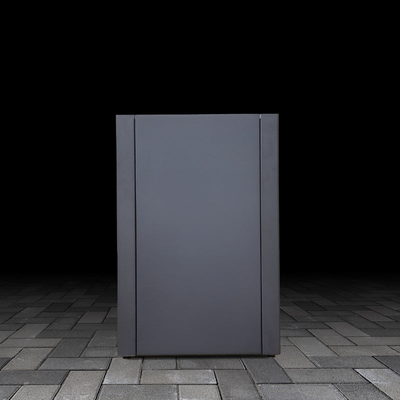 Black outdoor high base unit on a dark brick pavement