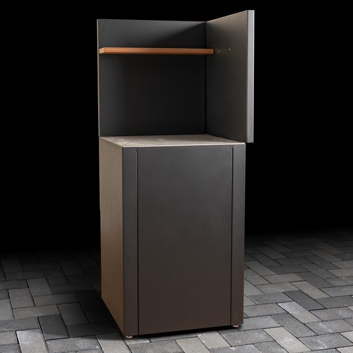 Outdoor High Base Unit with ceramic tile worktop, back and corner panel and  composite wood effect shelf. 