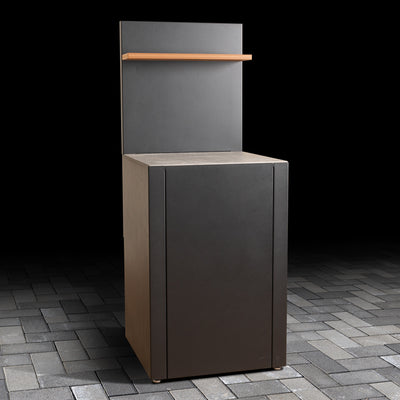 Outdoor High Base Unit with ceramic tile worktop, back panel and composite wood effect shelf. 