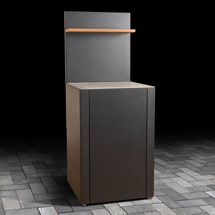 Outdoor High Base Unit with ceramic tile worktop, back panel and composite wood effect shelf. 