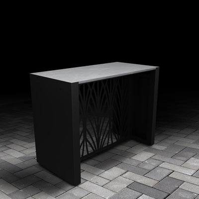 Outdoor kitchen dining table with ceramic tile tabletop finish, bold geometric design, and premium finishes.
