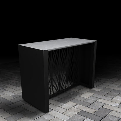 Outdoor kitchen dining table with ceramic tile tabletop finish, bold geometric design, and premium finishes.