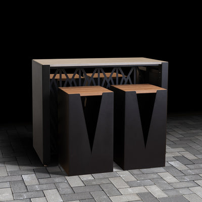 Outdoor Kitchen Dining Table with bold geometric design and four matching stools.
