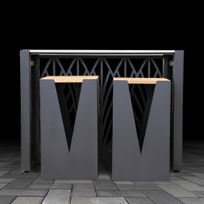 Outdoor Kitchen Dining Table with bold geometric design and two matching stools.