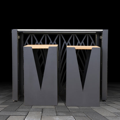 Outdoor Kitchen Dining Table with bold geometric design and two matching stools.