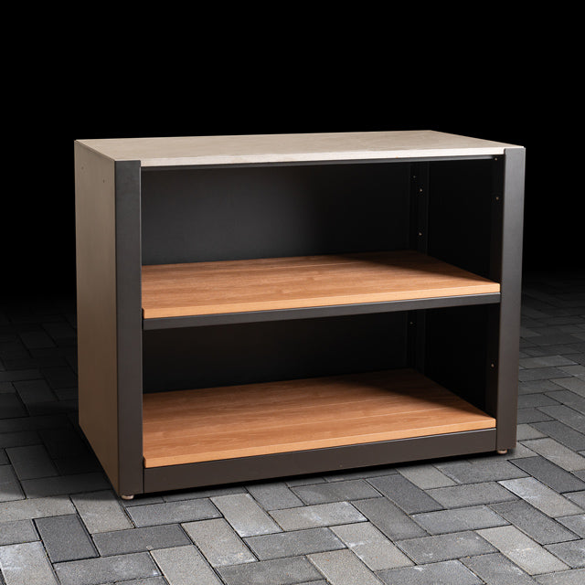 Outdoor Open Shelving Unit with Composite Wood-Effect finish and ceramic tile worktop.